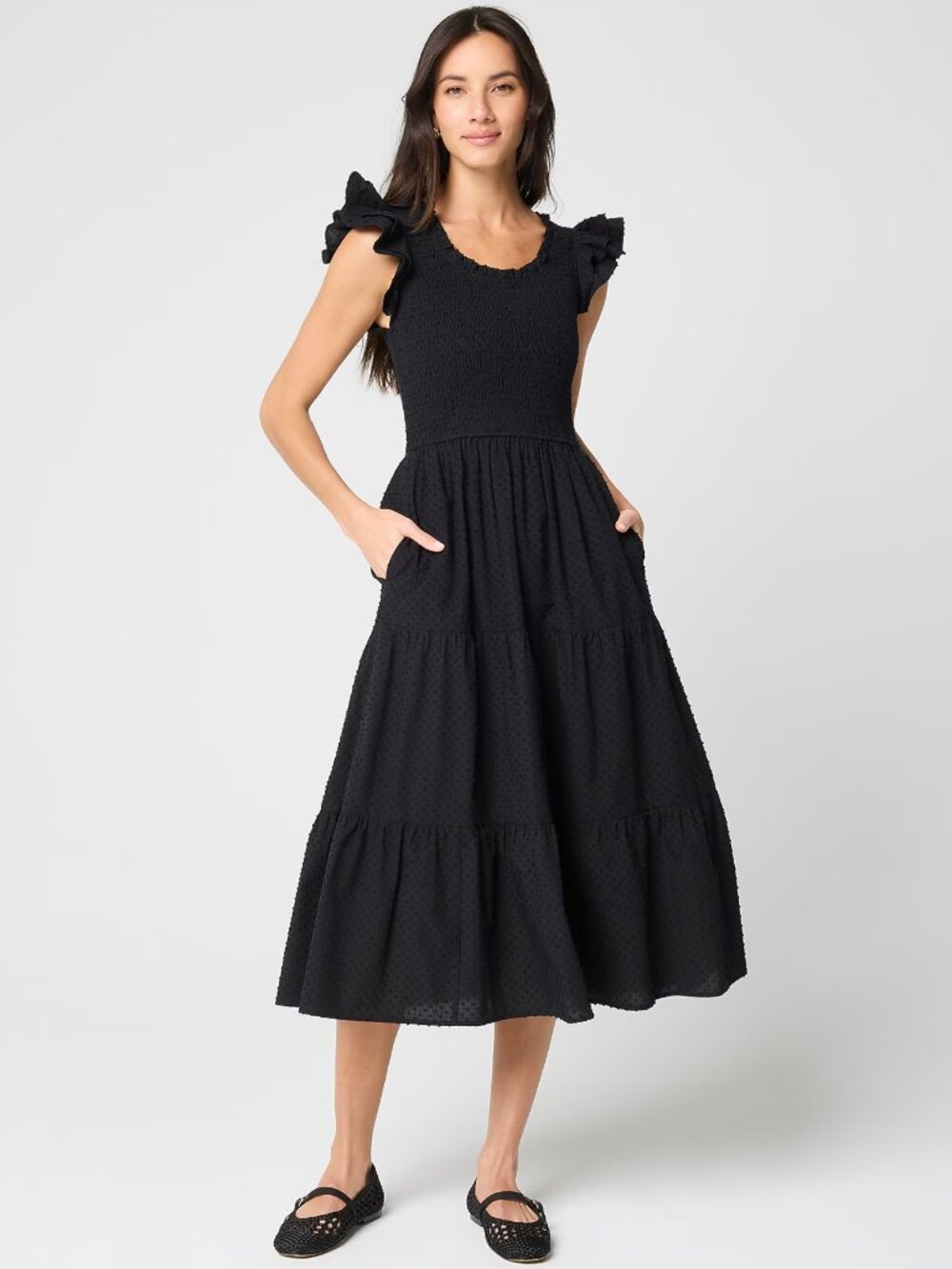 J. Crew Black Clip-Dot Smocked Flutter-Sleeve Midi Dress Medium NWT